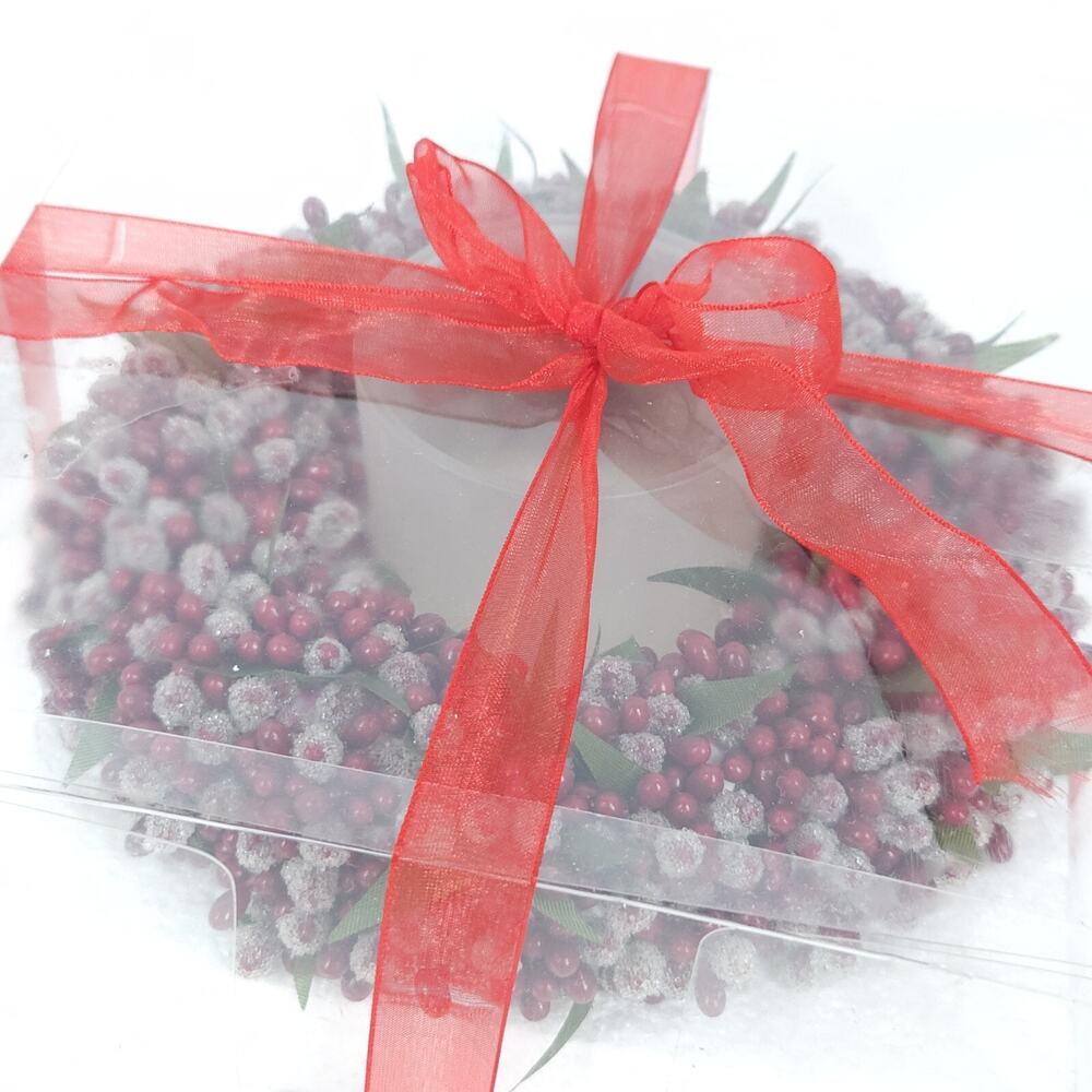 Christmas Berry Wreath Candle Votive Glass Red Frosted Cottagecore Country 7"D‎